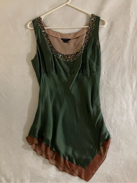 ECI New York Tops - Vintage ECI New York Silk Green Beaded Asymmetrical Y2K Collection Piece
